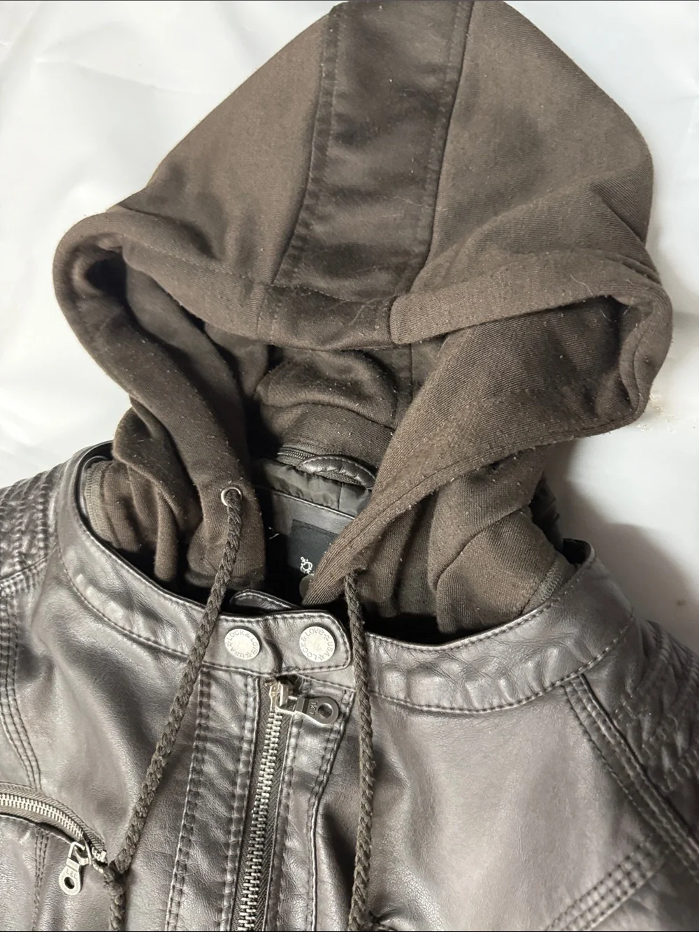 Kids Hooded Faux Leather Jean-Style Jacket in Dark Brown